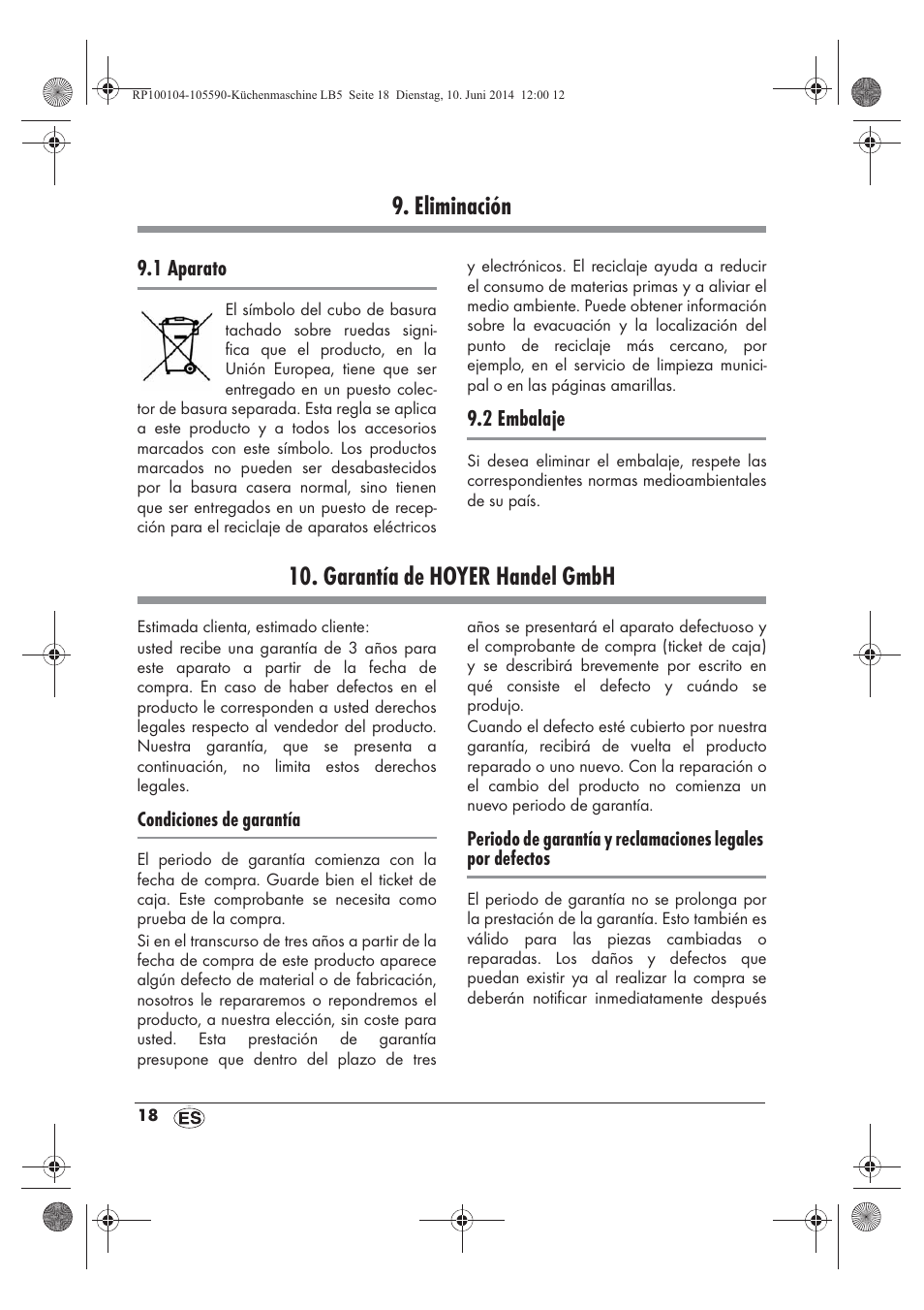 Eliminación, Garantía de hoyer handel gmbh | Silvercrest SKMP 1200 A2 User Manual | Page 20 / 94