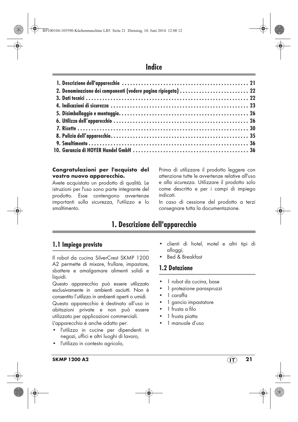 Indice, Descrizione dell'apparecchio, 1 impiego previsto | 2 dotazione | Silvercrest SKMP 1200 A2 User Manual | Page 23 / 94