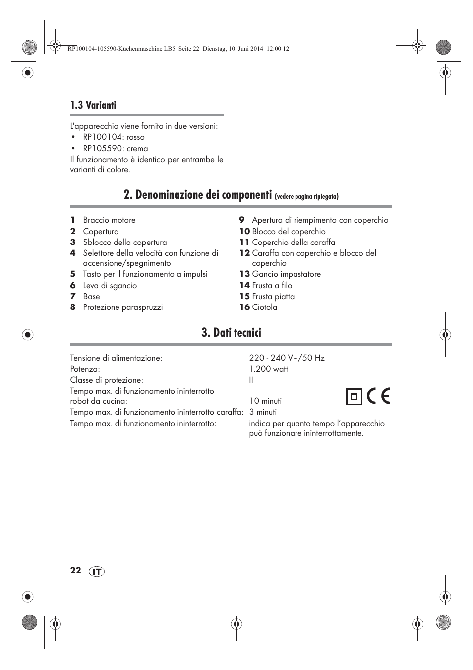 Denominazione dei componenti, Dati tecnici, 3 varianti | Silvercrest SKMP 1200 A2 User Manual | Page 24 / 94