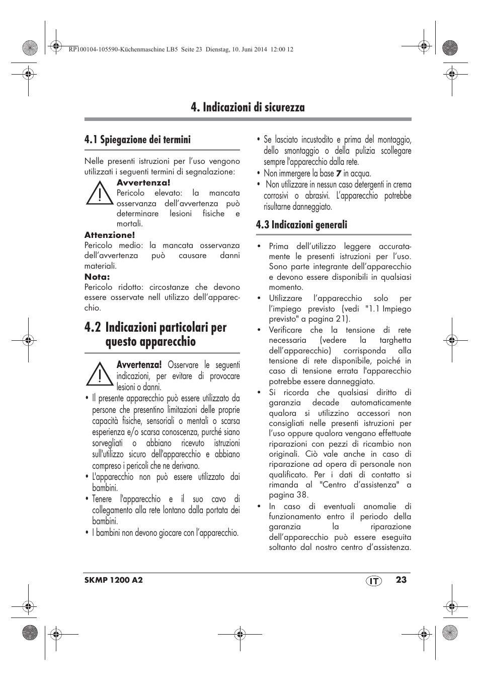 2 indicazioni particolari per questo apparecchio, Indicazioni di sicurezza | Silvercrest SKMP 1200 A2 User Manual | Page 25 / 94