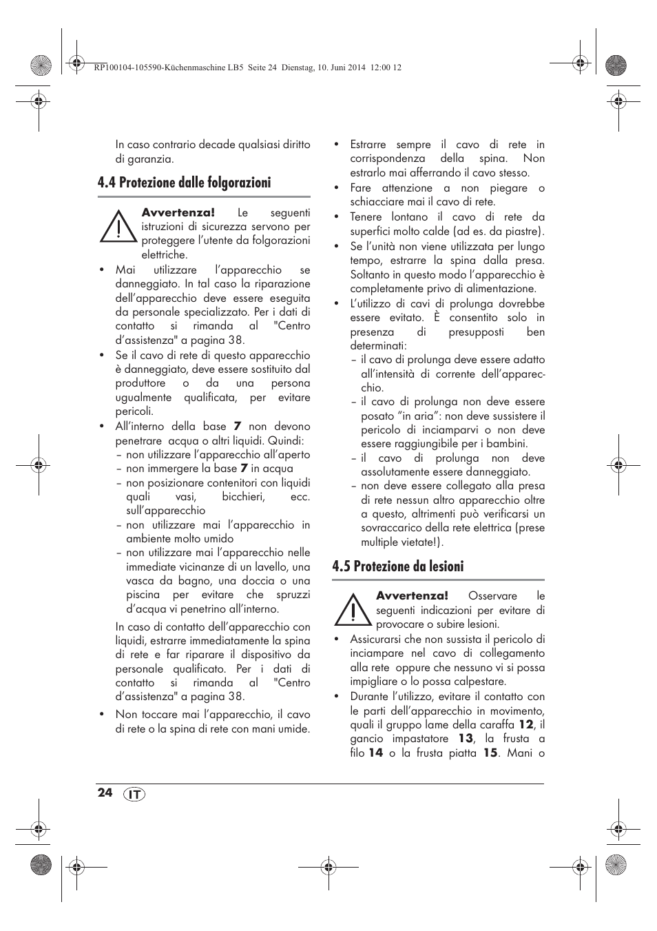 4 protezione dalle folgorazioni, 5 protezione da lesioni | Silvercrest SKMP 1200 A2 User Manual | Page 26 / 94