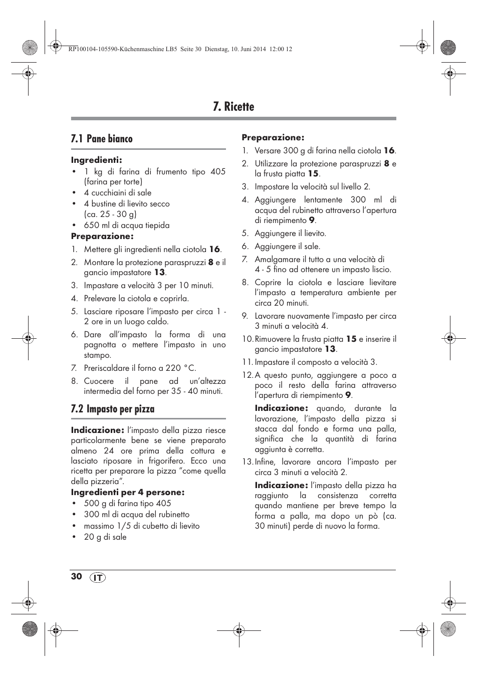 Ricette, 1 pane bianco, 2 impasto per pizza | Silvercrest SKMP 1200 A2 User Manual | Page 32 / 94