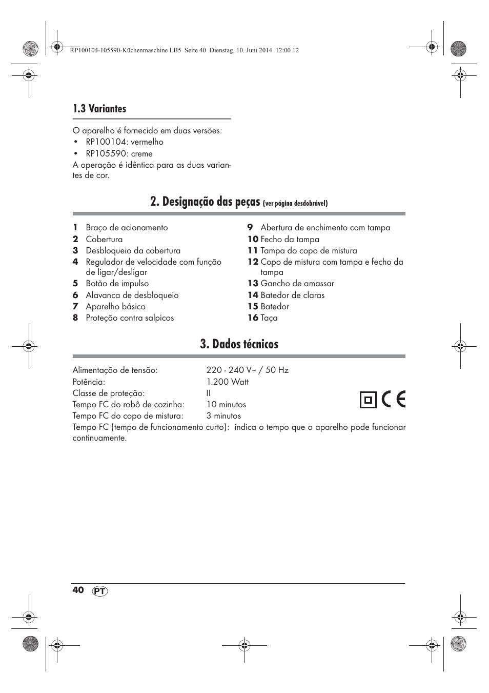 Designação das peças, Dados técnicos, 3 variantes | Silvercrest SKMP 1200 A2 User Manual | Page 42 / 94