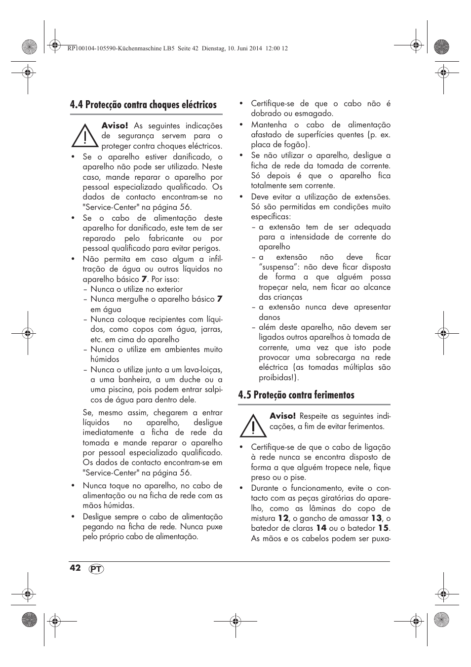 4 protecção contra choques eléctricos, 5 proteção contra ferimentos | Silvercrest SKMP 1200 A2 User Manual | Page 44 / 94