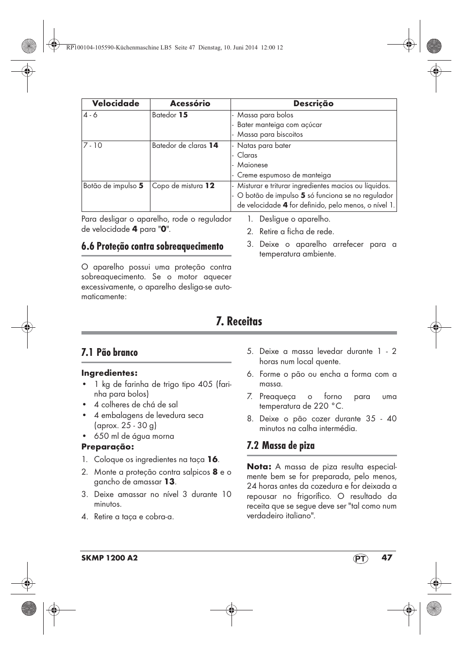 Receitas, 6 proteção contra sobreaquecimento, 1 pão branco | 2 massa de piza | Silvercrest SKMP 1200 A2 User Manual | Page 49 / 94