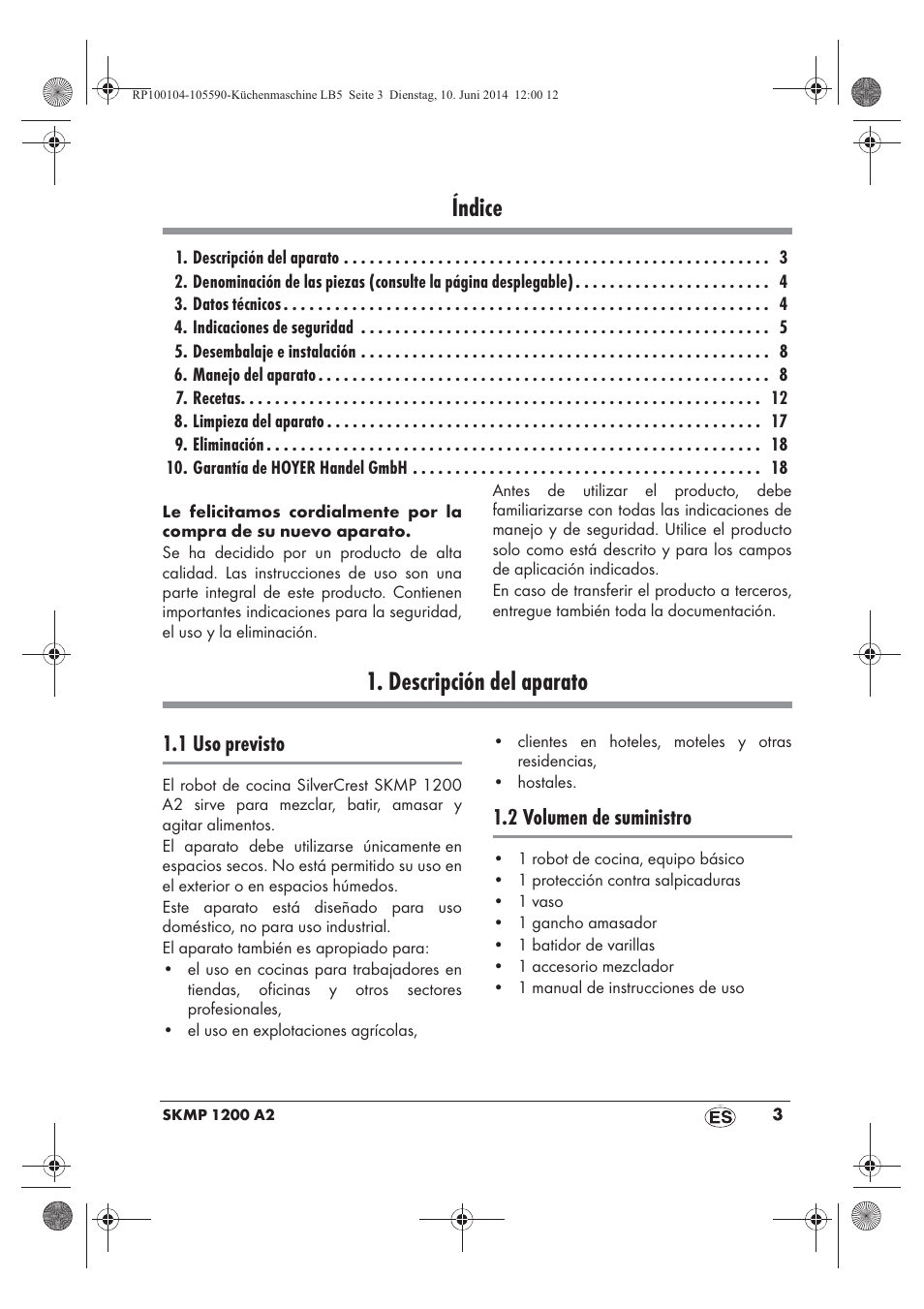 Índice, Descripción del aparato, 1 uso previsto | 2 volumen de suministro | Silvercrest SKMP 1200 A2 User Manual | Page 5 / 94