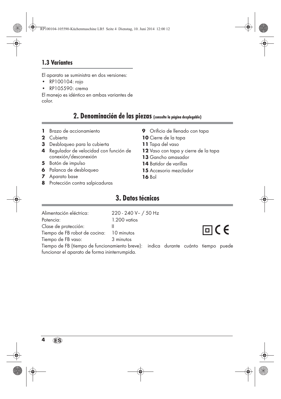 Denominación de las piezas, Datos técnicos, 3 variantes | Silvercrest SKMP 1200 A2 User Manual | Page 6 / 94