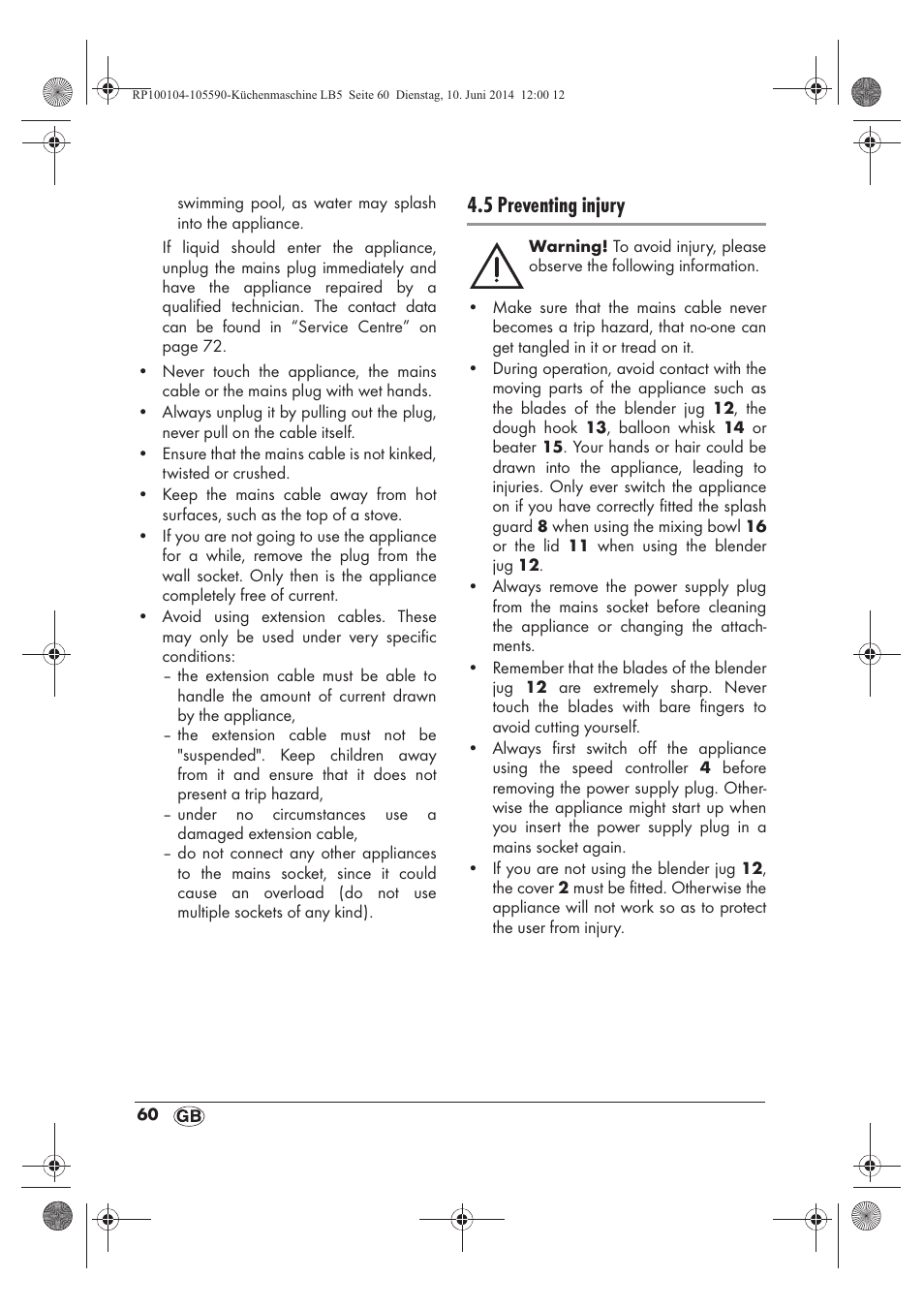 5 preventing injury | Silvercrest SKMP 1200 A2 User Manual | Page 62 / 94