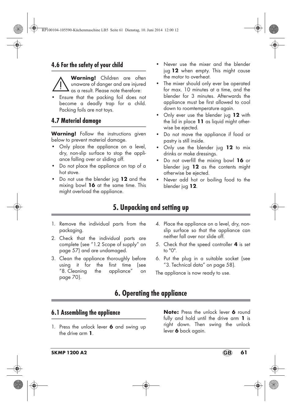 Unpacking and setting up, Operating the appliance, 6 for the safety of your child | 7 material damage, 1 assembling the appliance | Silvercrest SKMP 1200 A2 User Manual | Page 63 / 94