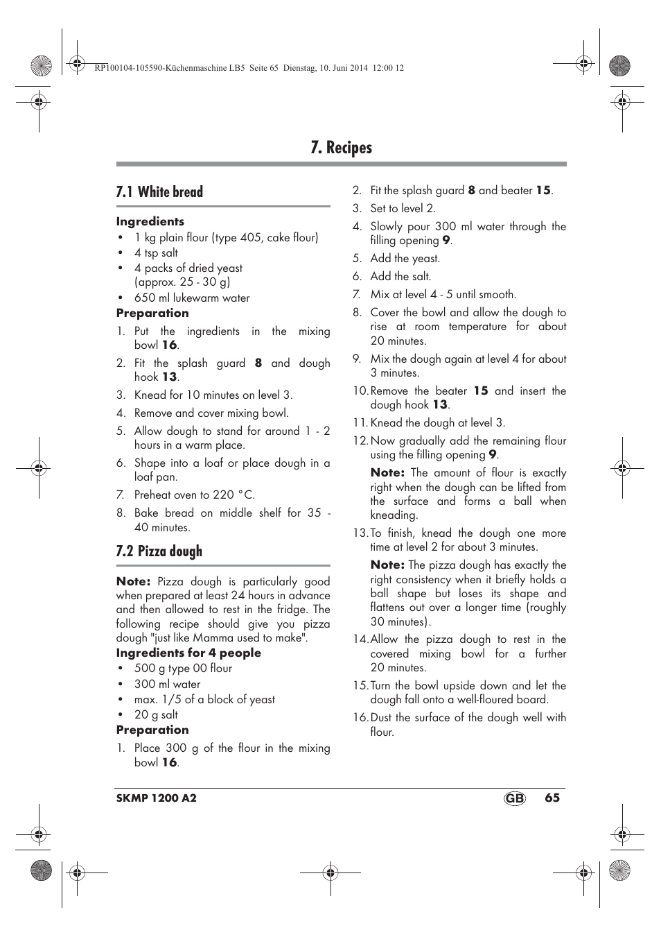 Recipes, 1 white bread, 2 pizza dough | Silvercrest SKMP 1200 A2 User Manual | Page 67 / 94