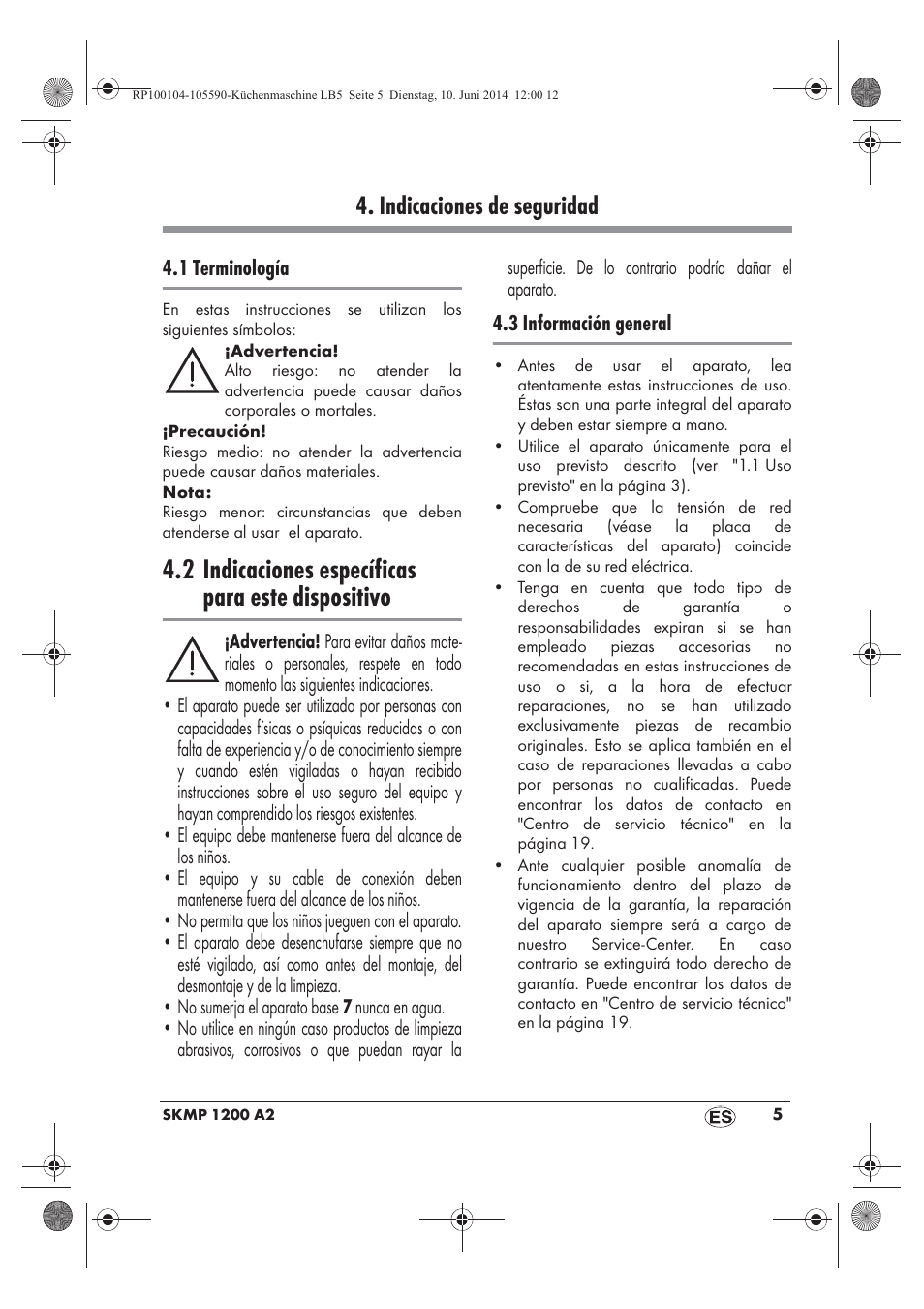 2 indicaciones específicas para este dispositivo, Indicaciones de seguridad | Silvercrest SKMP 1200 A2 User Manual | Page 7 / 94