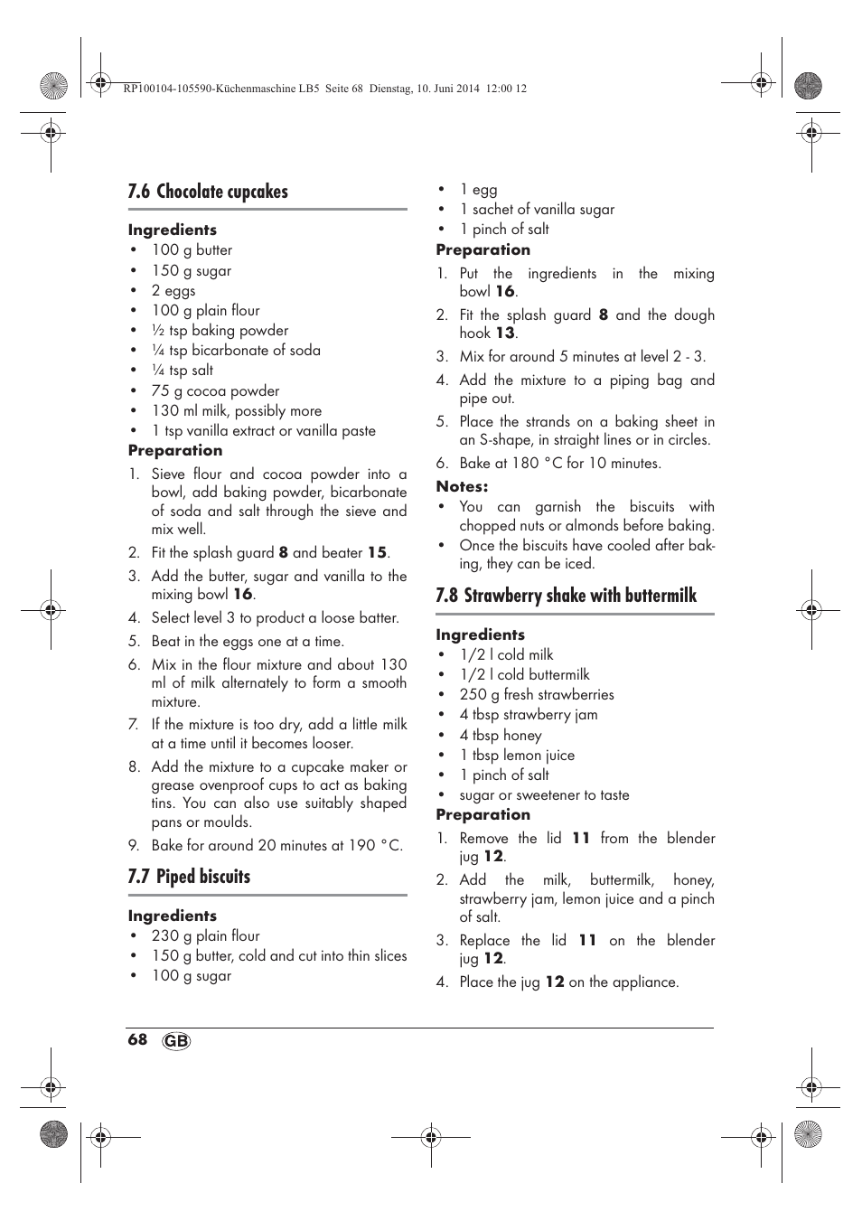 6 chocolate cupcakes, 7 piped biscuits, 8 strawberry shake with buttermilk | Silvercrest SKMP 1200 A2 User Manual | Page 70 / 94