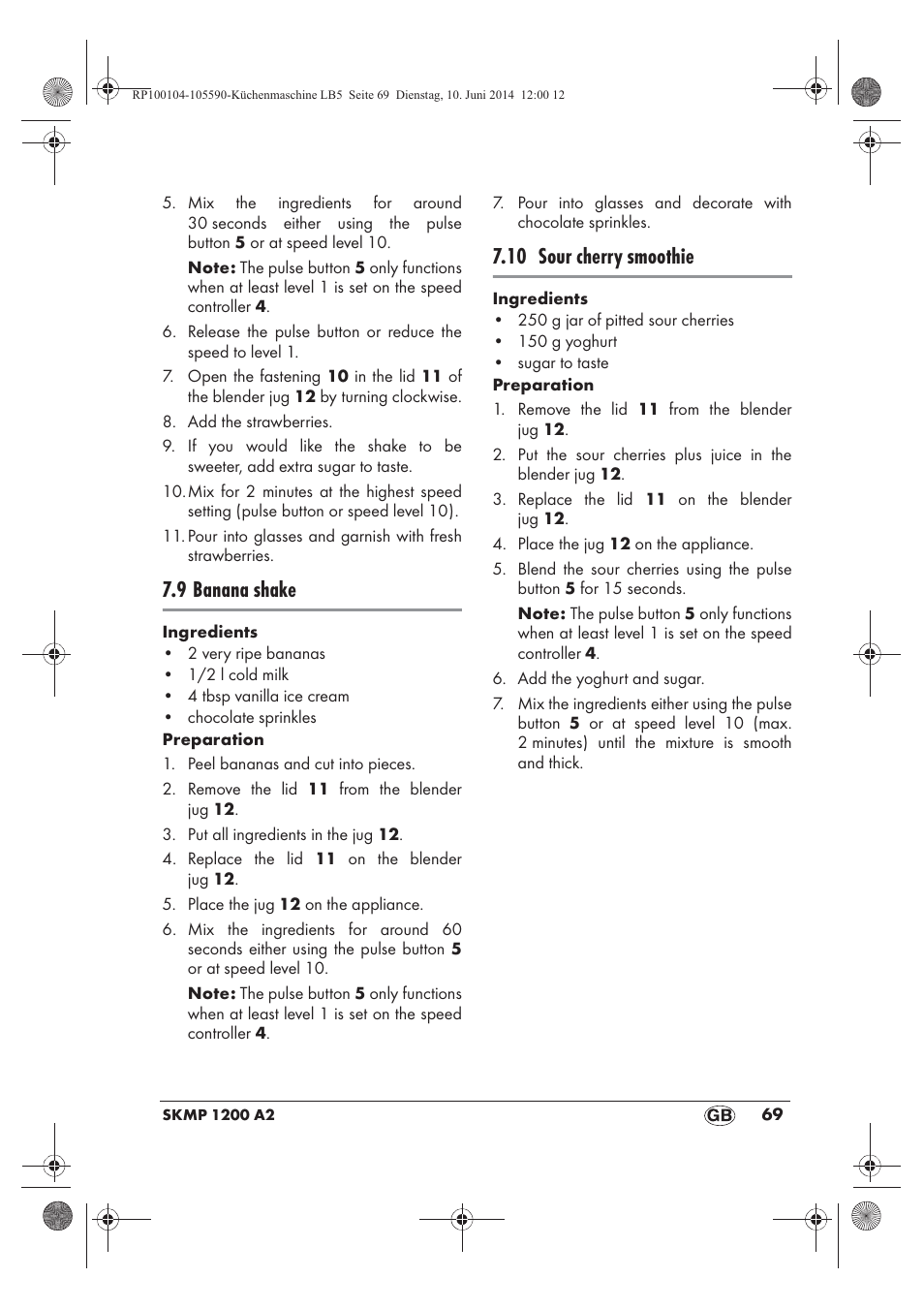 9 banana shake, 10 sour cherry smoothie | Silvercrest SKMP 1200 A2 User Manual | Page 71 / 94