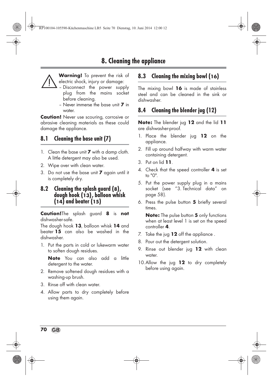 Cleaning the appliance, 1 cleaning the base unit (7), 2 cleaning the splash guard | Dough hook, Balloon whisk, And beater, 3 cleaning the mixing bowl, 4 cleaning the blender jug (12) | Silvercrest SKMP 1200 A2 User Manual | Page 72 / 94