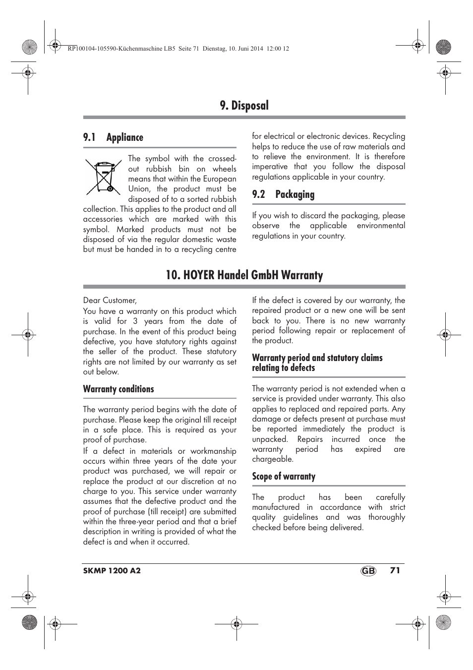 Disposal, Hoyer handel gmbh warranty | Silvercrest SKMP 1200 A2 User Manual | Page 73 / 94