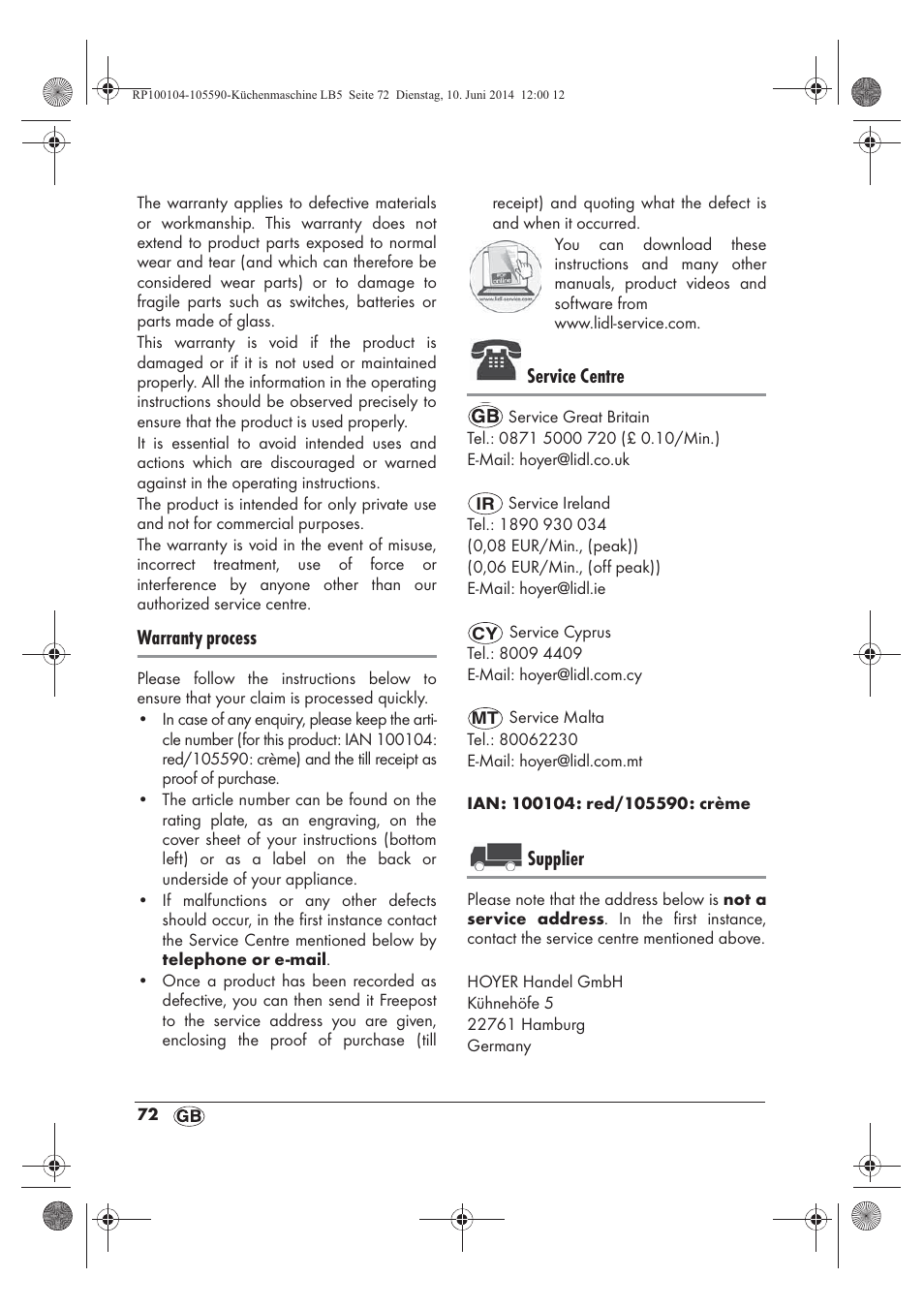 Warranty process, Service centre, Supplier | Silvercrest SKMP 1200 A2 User Manual | Page 74 / 94