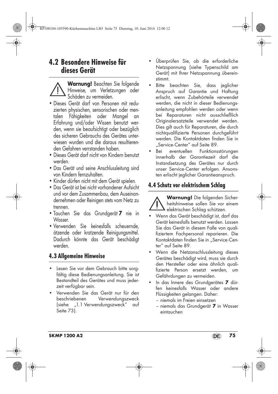 2 besondere hinweise für dieses gerät | Silvercrest SKMP 1200 A2 User Manual | Page 77 / 94