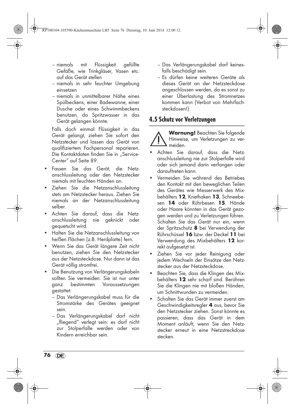 5 schutz vor verletzungen | Silvercrest SKMP 1200 A2 User Manual | Page 78 / 94