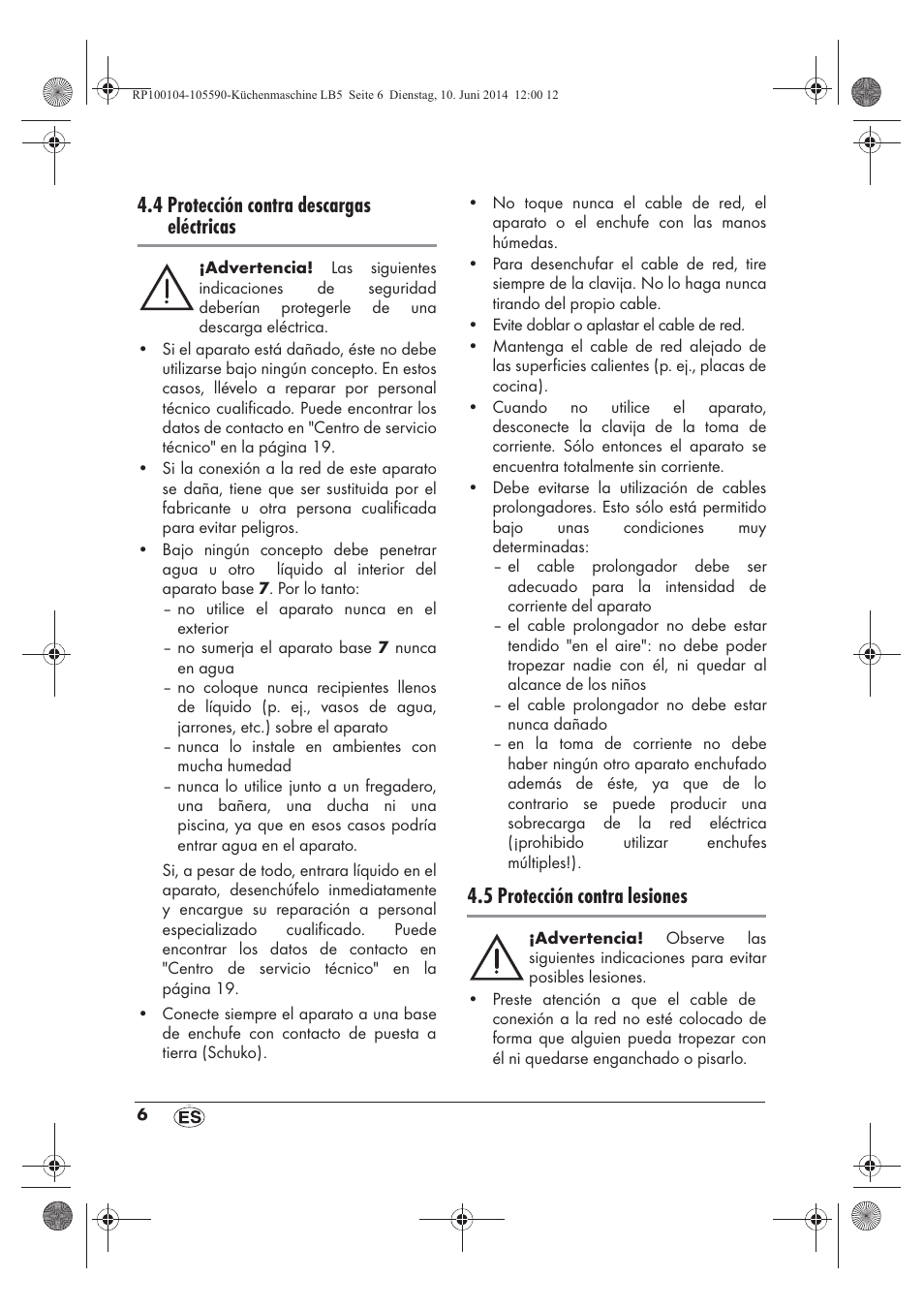 4 protección contra descargas eléctricas, 5 protección contra lesiones | Silvercrest SKMP 1200 A2 User Manual | Page 8 / 94