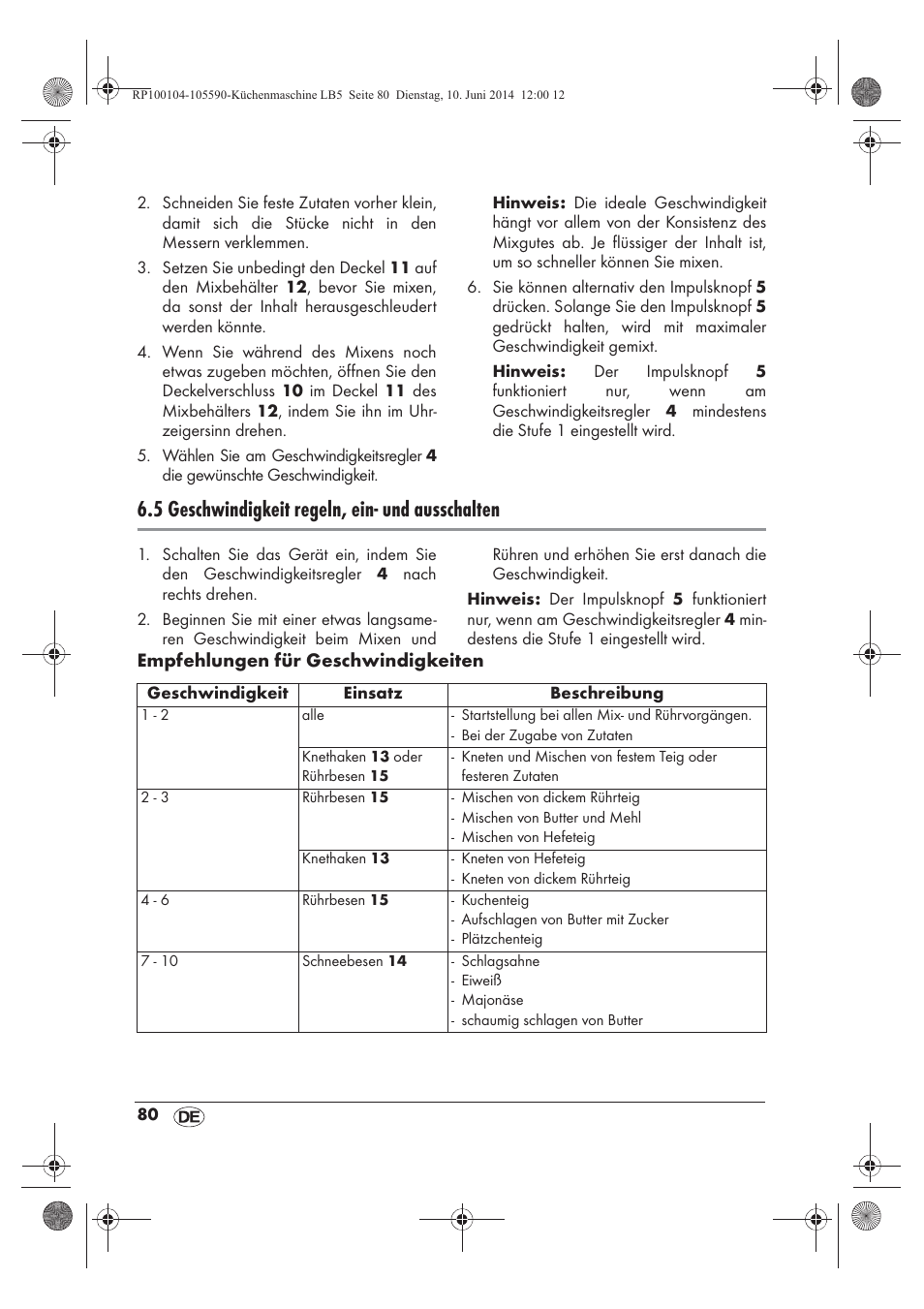 5 geschwindigkeit regeln, ein- und ausschalten | Silvercrest SKMP 1200 A2 User Manual | Page 82 / 94