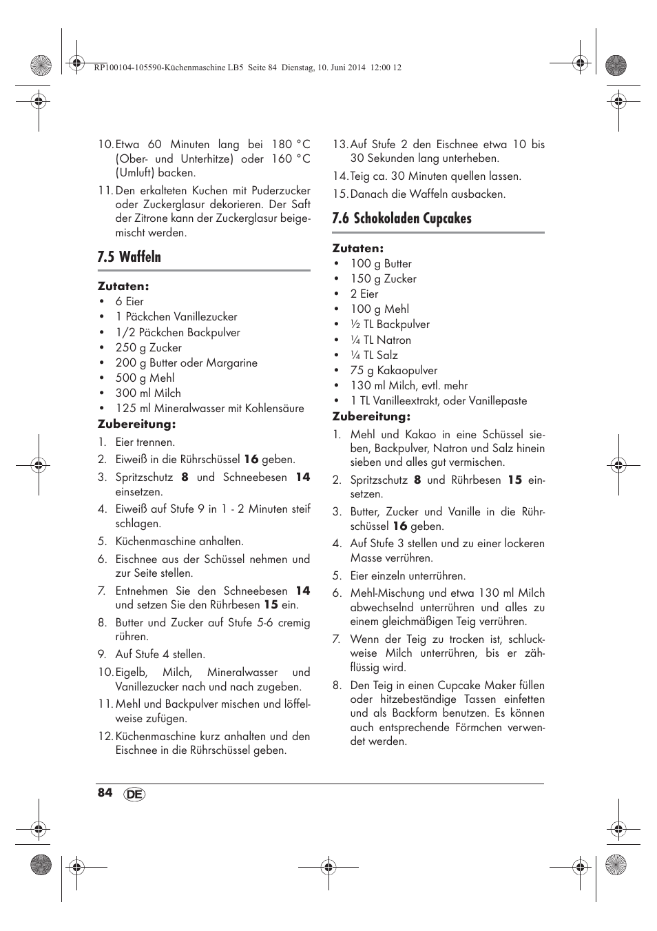 5 waffeln, 6 schokoladen cupcakes | Silvercrest SKMP 1200 A2 User Manual | Page 86 / 94