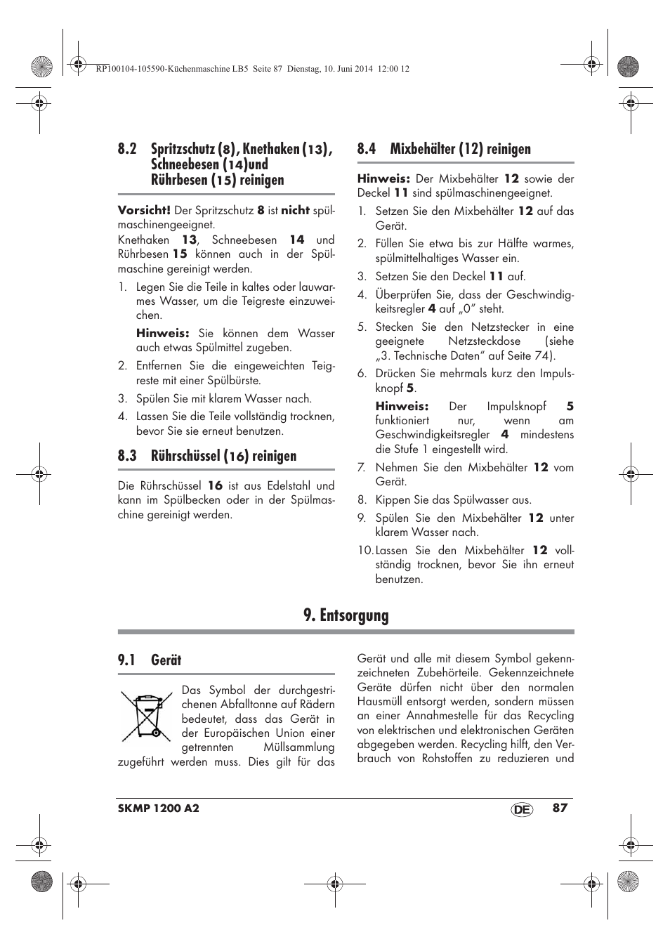 Entsorgung, 2 spritzschutz, Knethaken | Schneebesen, Und rührbesen, Reinigen, 3 rührschüssel, 4 mixbehälter (12) reinigen, 1 gerät | Silvercrest SKMP 1200 A2 User Manual | Page 89 / 94