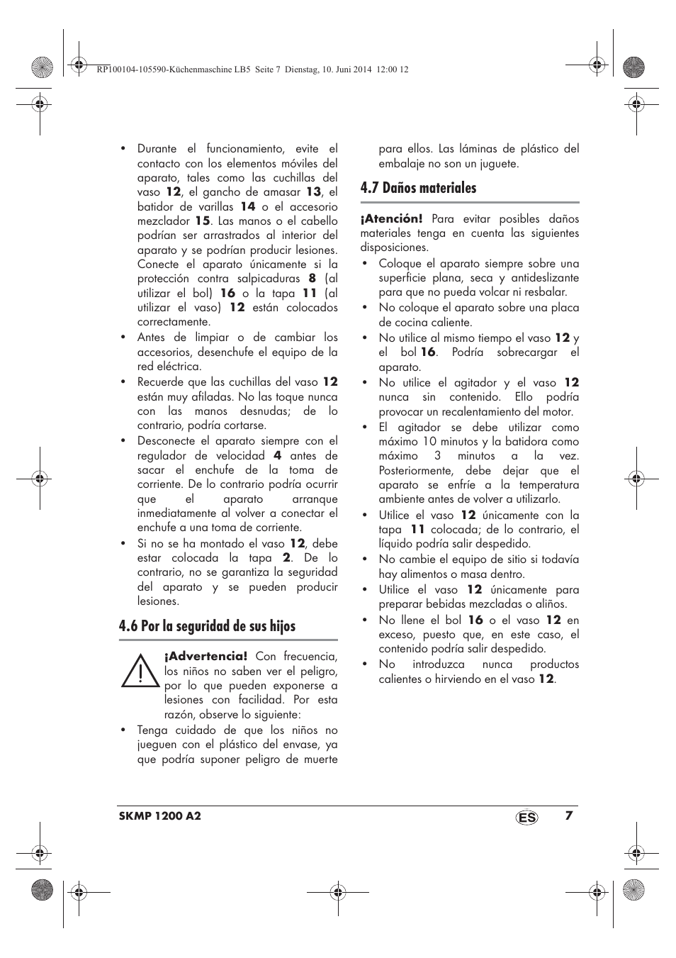 6 por la seguridad de sus hijos, 7 daños materiales | Silvercrest SKMP 1200 A2 User Manual | Page 9 / 94