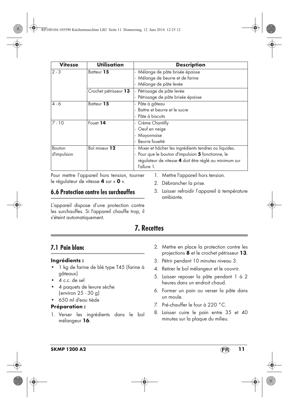 Recettes, 6 protection contre les surchauffes, 1 pain blanc | Silvercrest SKMP 1200 A2 User Manual | Page 13 / 74