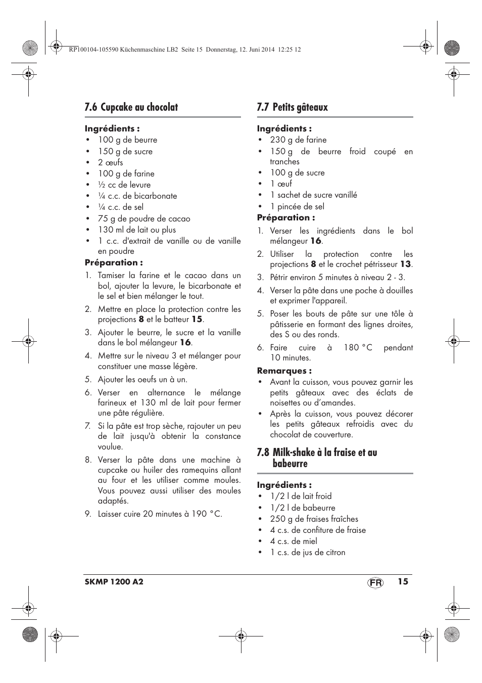 6 cupcake au chocolat, 7 petits gâteaux, 8 milk-shake à la fraise et au babeurre | Silvercrest SKMP 1200 A2 User Manual | Page 17 / 74