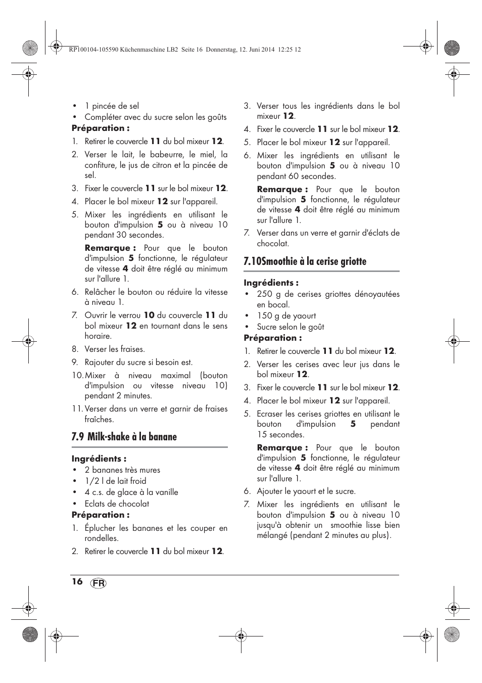 9 milk-shake à la banane, 10smoothie à la cerise griotte | Silvercrest SKMP 1200 A2 User Manual | Page 18 / 74