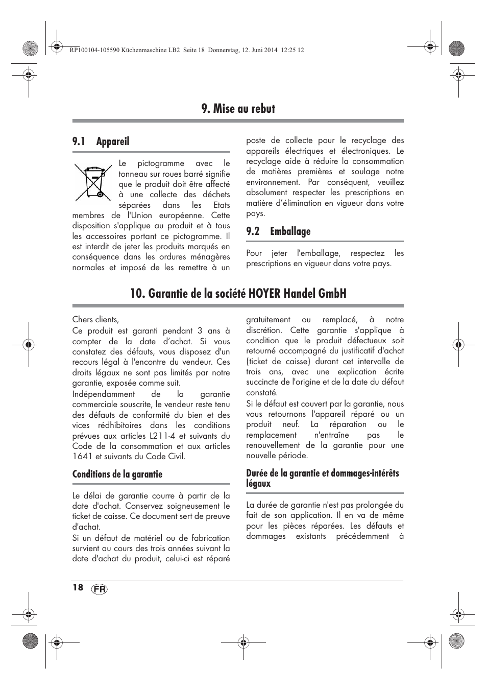 Mise au rebut, Garantie de la société hoyer handel gmbh | Silvercrest SKMP 1200 A2 User Manual | Page 20 / 74