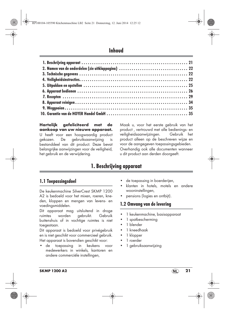 Inhoud, Beschrijving apparaat, 1 toepassingsdoel | 2 omvang van de levering | Silvercrest SKMP 1200 A2 User Manual | Page 23 / 74