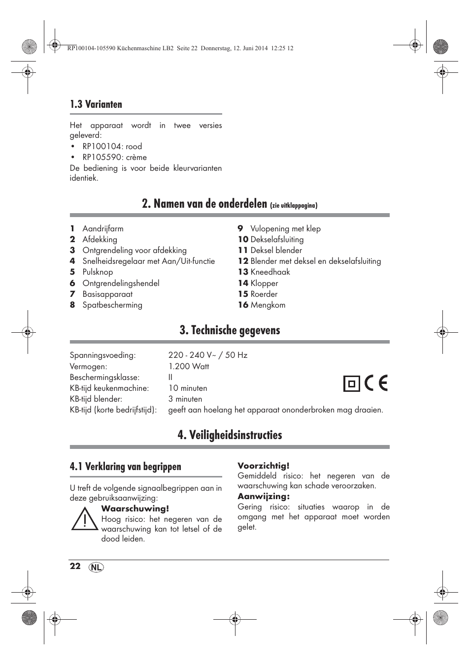 Namen van de onderdelen, Technische gegevens, Veiligheidsinstructies | 3 varianten, 1 verklaring van begrippen | Silvercrest SKMP 1200 A2 User Manual | Page 24 / 74