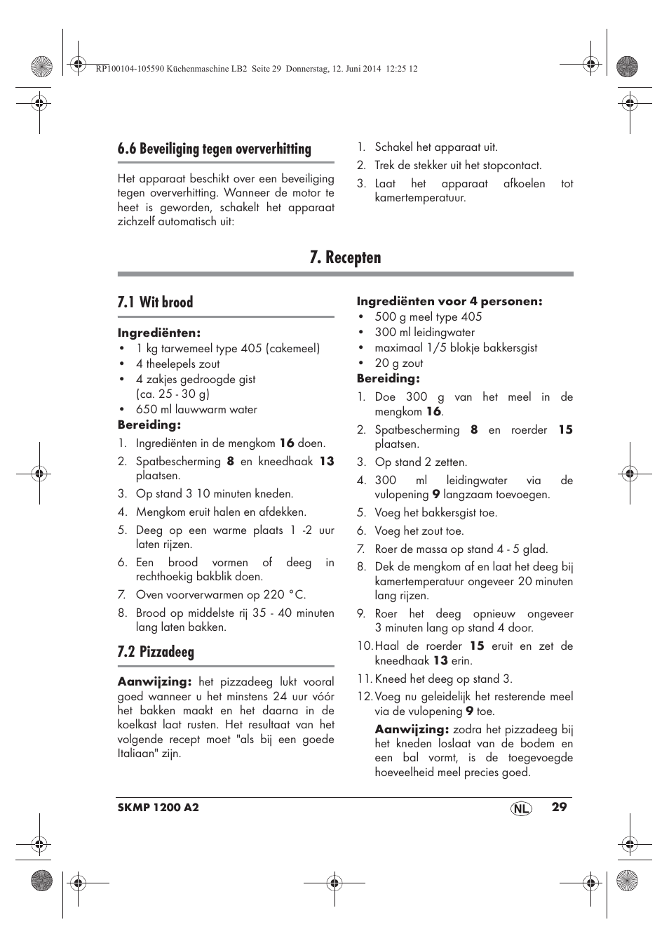 Recepten, 6 beveiliging tegen oververhitting, 1 wit brood | 2 pizzadeeg | Silvercrest SKMP 1200 A2 User Manual | Page 31 / 74