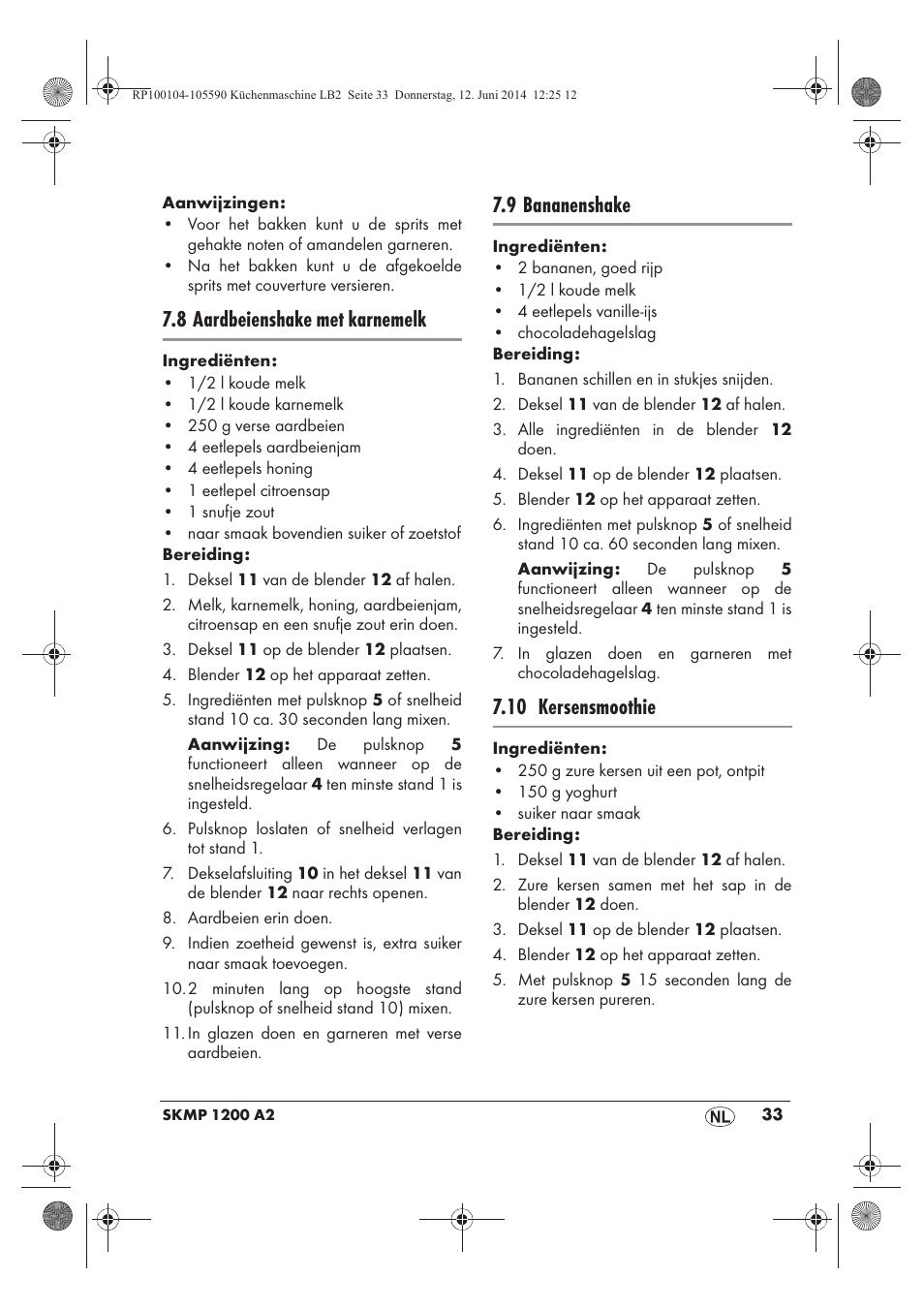 8 aardbeienshake met karnemelk, 9 bananenshake, 10 kersensmoothie | Silvercrest SKMP 1200 A2 User Manual | Page 35 / 74