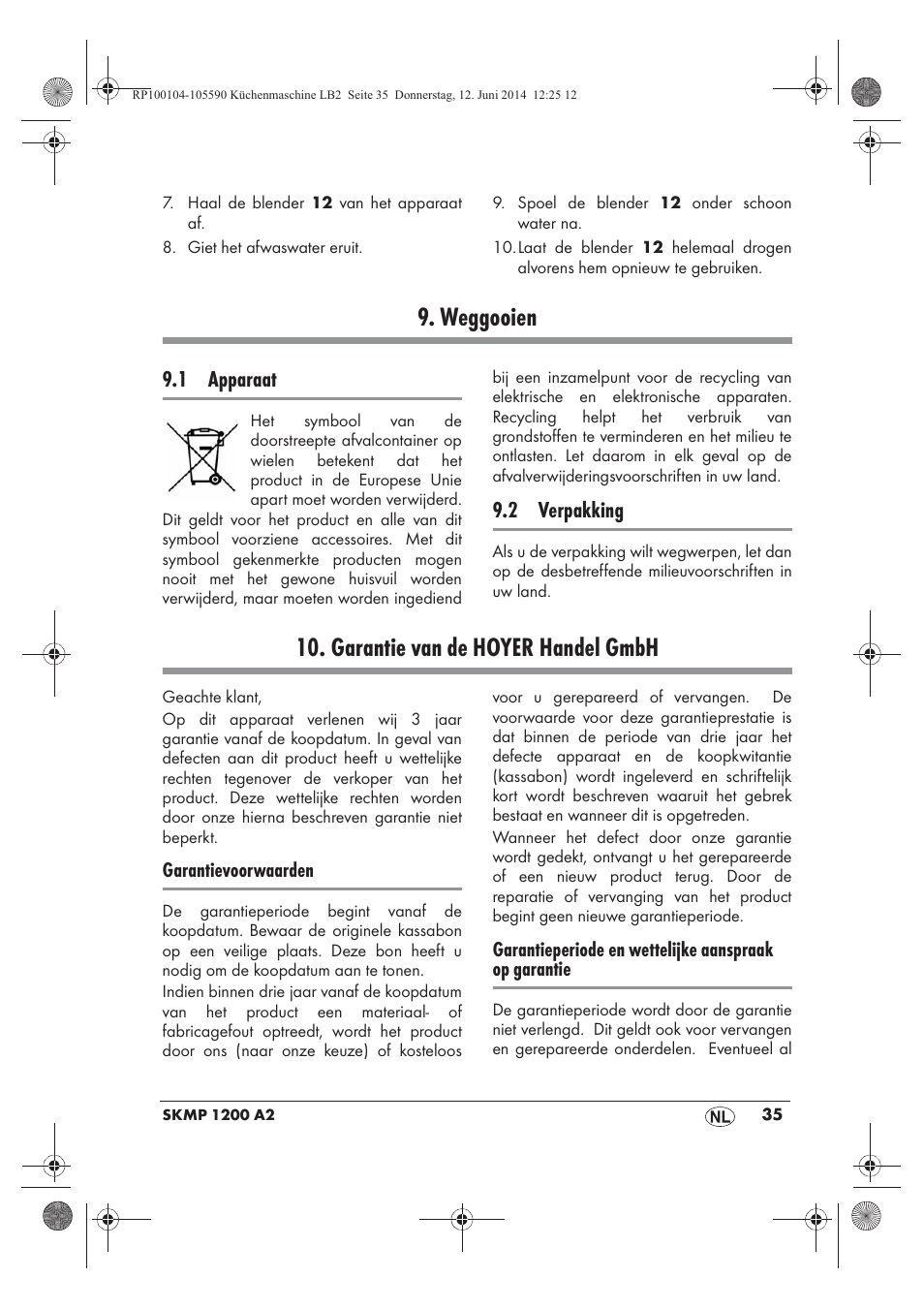 Weggooien, Garantie van de hoyer handel gmbh, 1 apparaat | 2 verpakking | Silvercrest SKMP 1200 A2 User Manual | Page 37 / 74