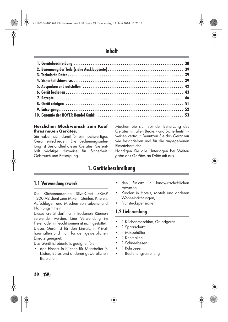 Inhalt, Gerätebeschreibung, 1 verwendungszweck | 2 lieferumfang | Silvercrest SKMP 1200 A2 User Manual | Page 40 / 74