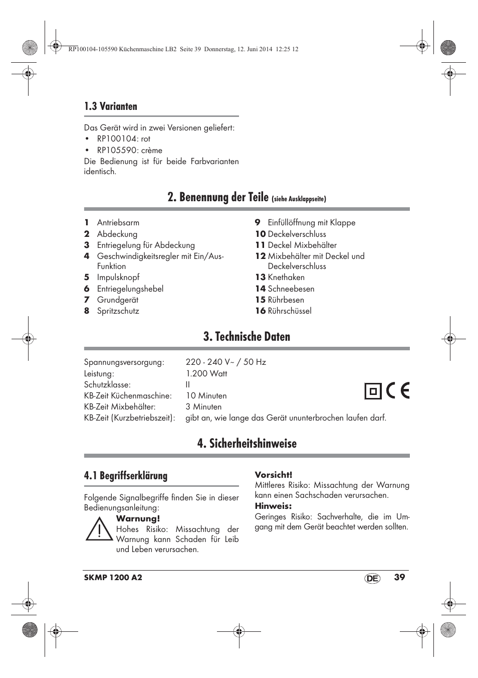 Benennung der teile, Technische daten, Sicherheitshinweise | 3 varianten, 1 begriffserklärung | Silvercrest SKMP 1200 A2 User Manual | Page 41 / 74