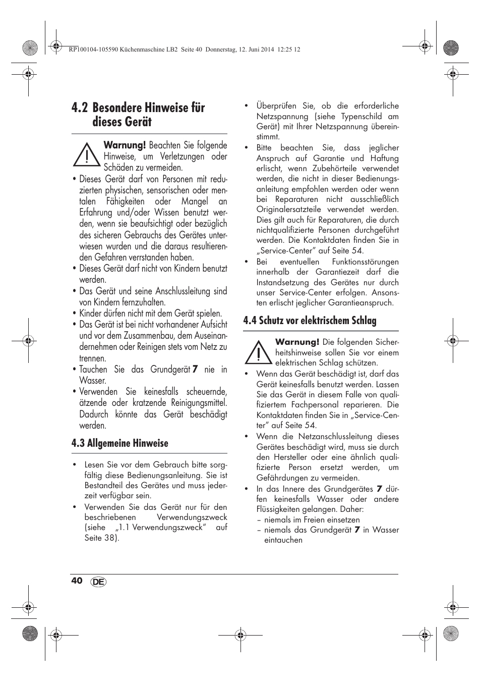 2 besondere hinweise für dieses gerät | Silvercrest SKMP 1200 A2 User Manual | Page 42 / 74