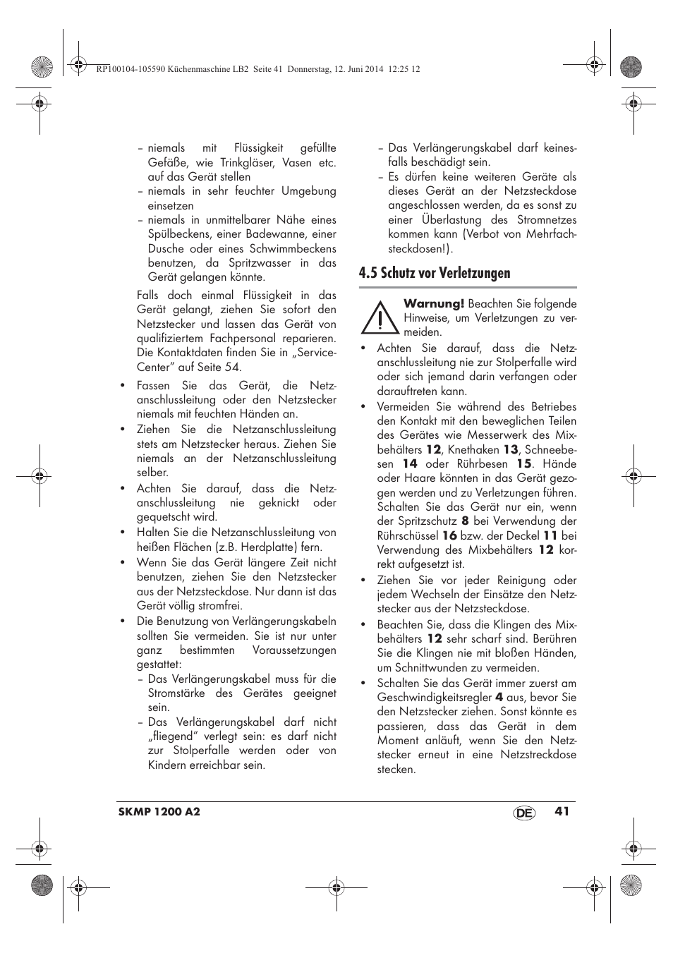 5 schutz vor verletzungen | Silvercrest SKMP 1200 A2 User Manual | Page 43 / 74