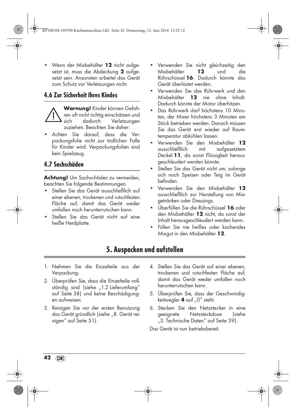 Auspacken und aufstellen, 6 zur sicherheit ihres kindes, 7 sachschäden | Silvercrest SKMP 1200 A2 User Manual | Page 44 / 74
