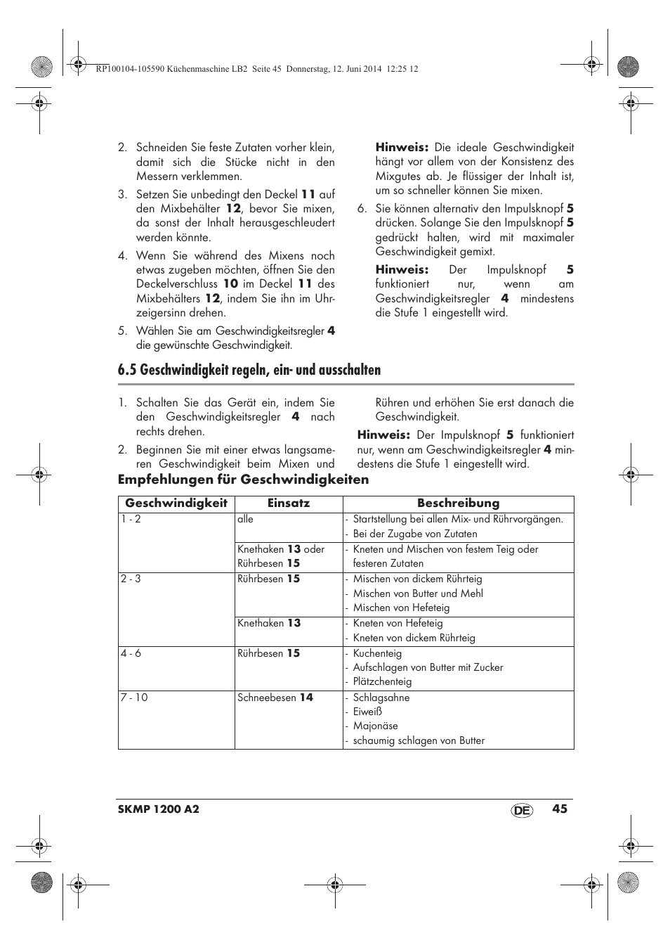 5 geschwindigkeit regeln, ein- und ausschalten | Silvercrest SKMP 1200 A2 User Manual | Page 47 / 74