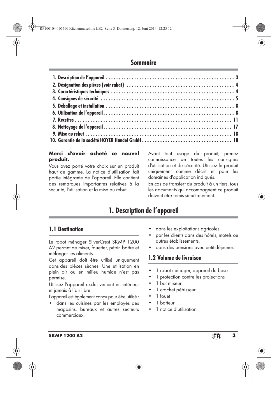 Sommaire, Description de l’appareil, 1 destination | 2 volume de livraison | Silvercrest SKMP 1200 A2 User Manual | Page 5 / 74