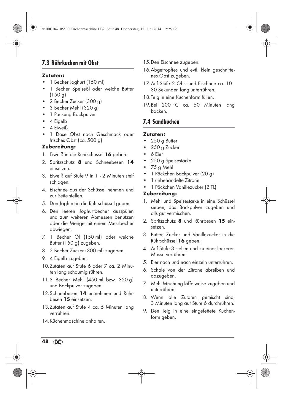 3 rührkuchen mit obst, 4 sandkuchen | Silvercrest SKMP 1200 A2 User Manual | Page 50 / 74