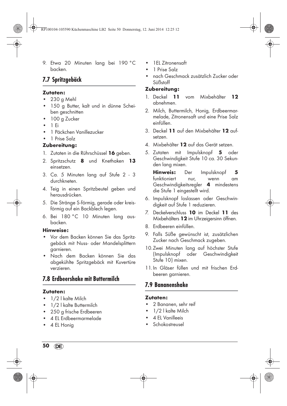 7 spritzgebäck, 8 erdbeershake mit buttermilch, 9 bananenshake | Silvercrest SKMP 1200 A2 User Manual | Page 52 / 74