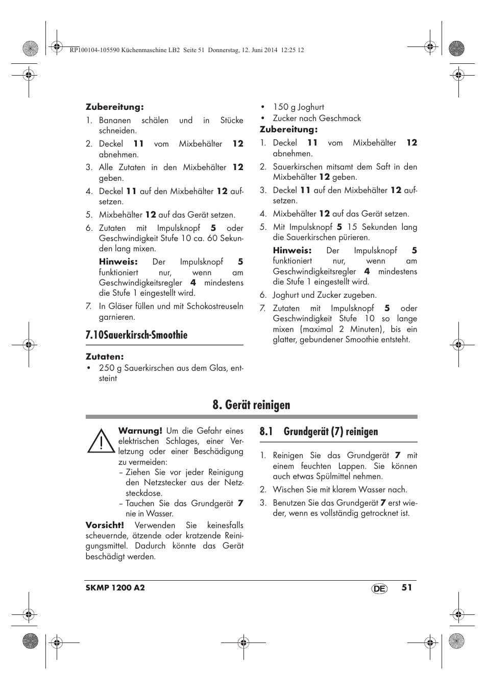 Gerät reinigen, 10sauerkirsch-smoothie, 1 grundgerät (7) reinigen | Silvercrest SKMP 1200 A2 User Manual | Page 53 / 74