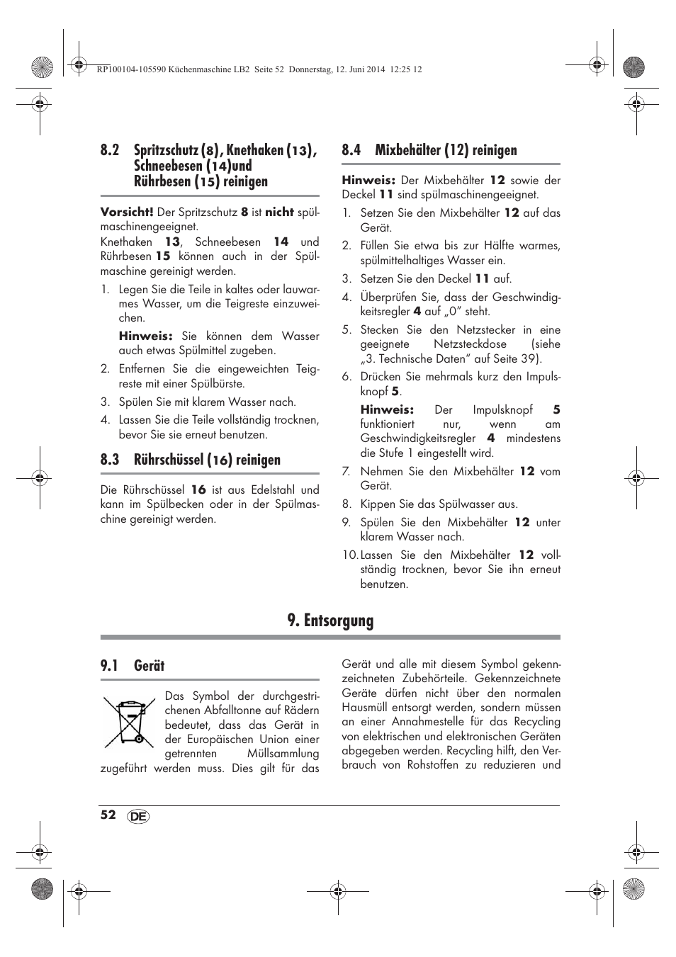 Entsorgung, 2 spritzschutz, Knethaken | Schneebesen, Und rührbesen, Reinigen, 3 rührschüssel, 4 mixbehälter (12) reinigen, 1 gerät | Silvercrest SKMP 1200 A2 User Manual | Page 54 / 74