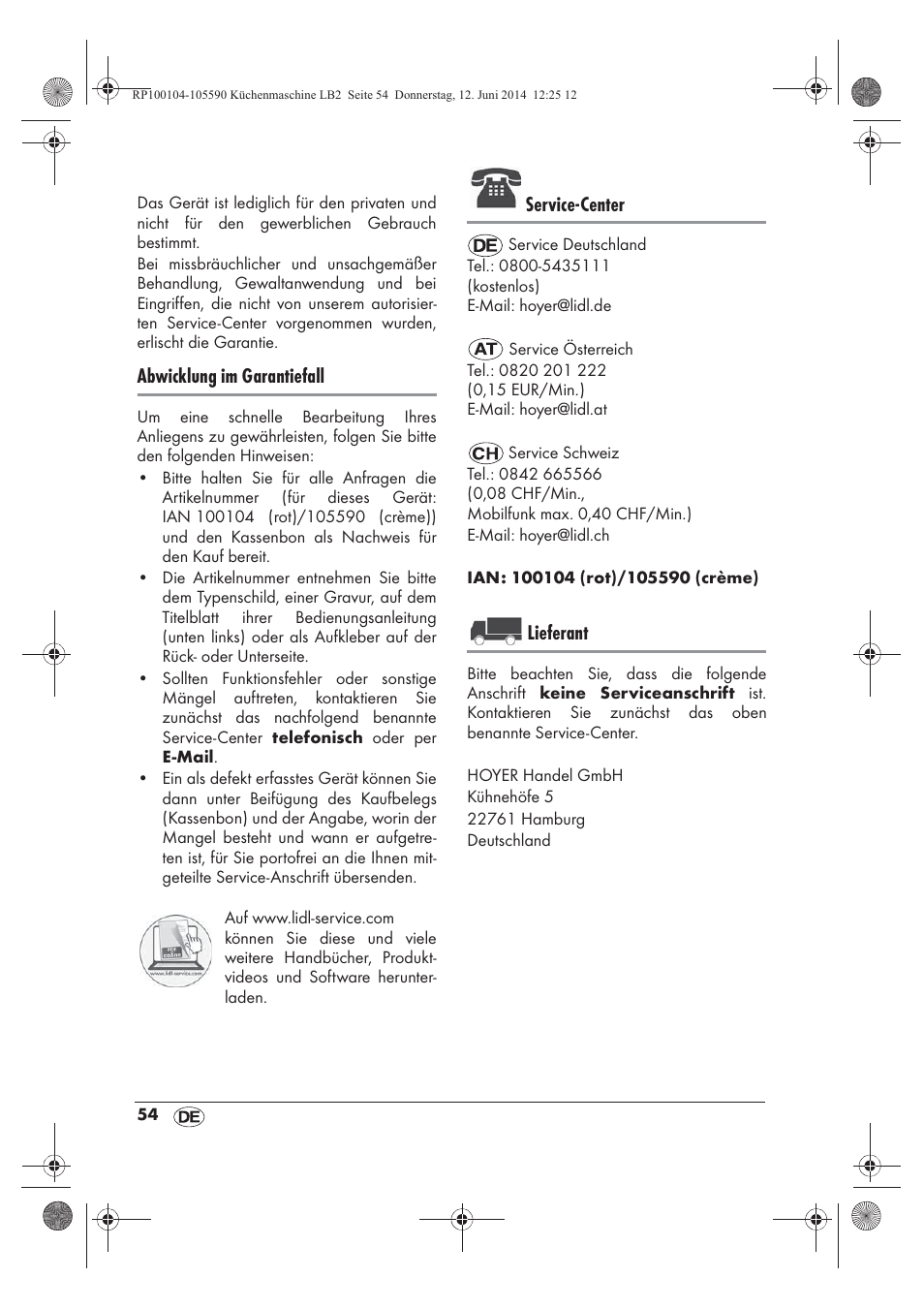 Abwicklung im garantiefall, Service-center, Lieferant | Silvercrest SKMP 1200 A2 User Manual | Page 56 / 74