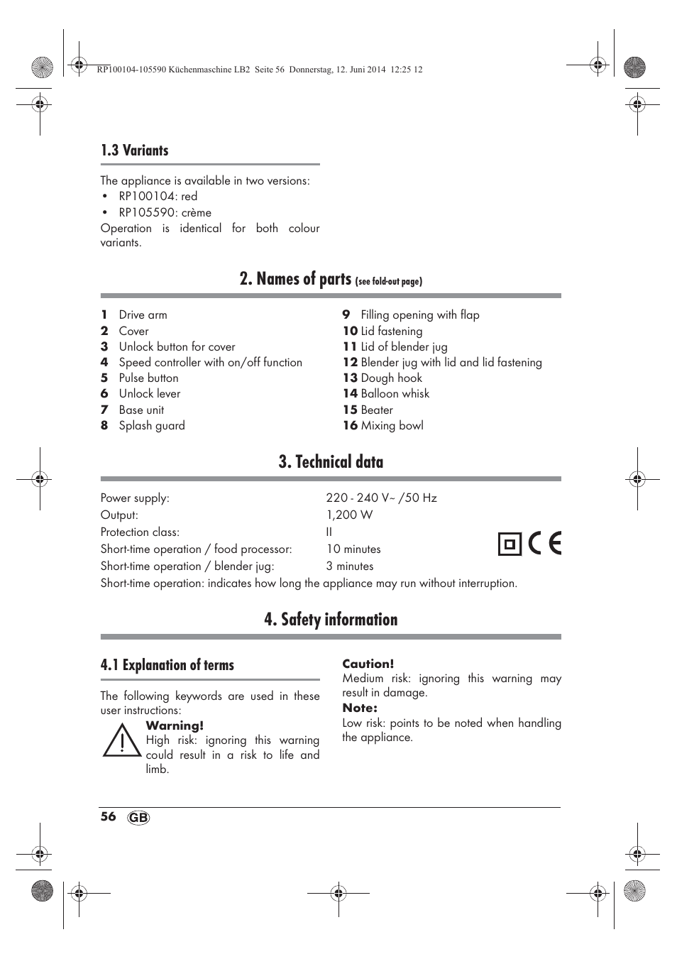 Names of parts, Technical data, Safety information | 3 variants, 1 explanation of terms | Silvercrest SKMP 1200 A2 User Manual | Page 58 / 74