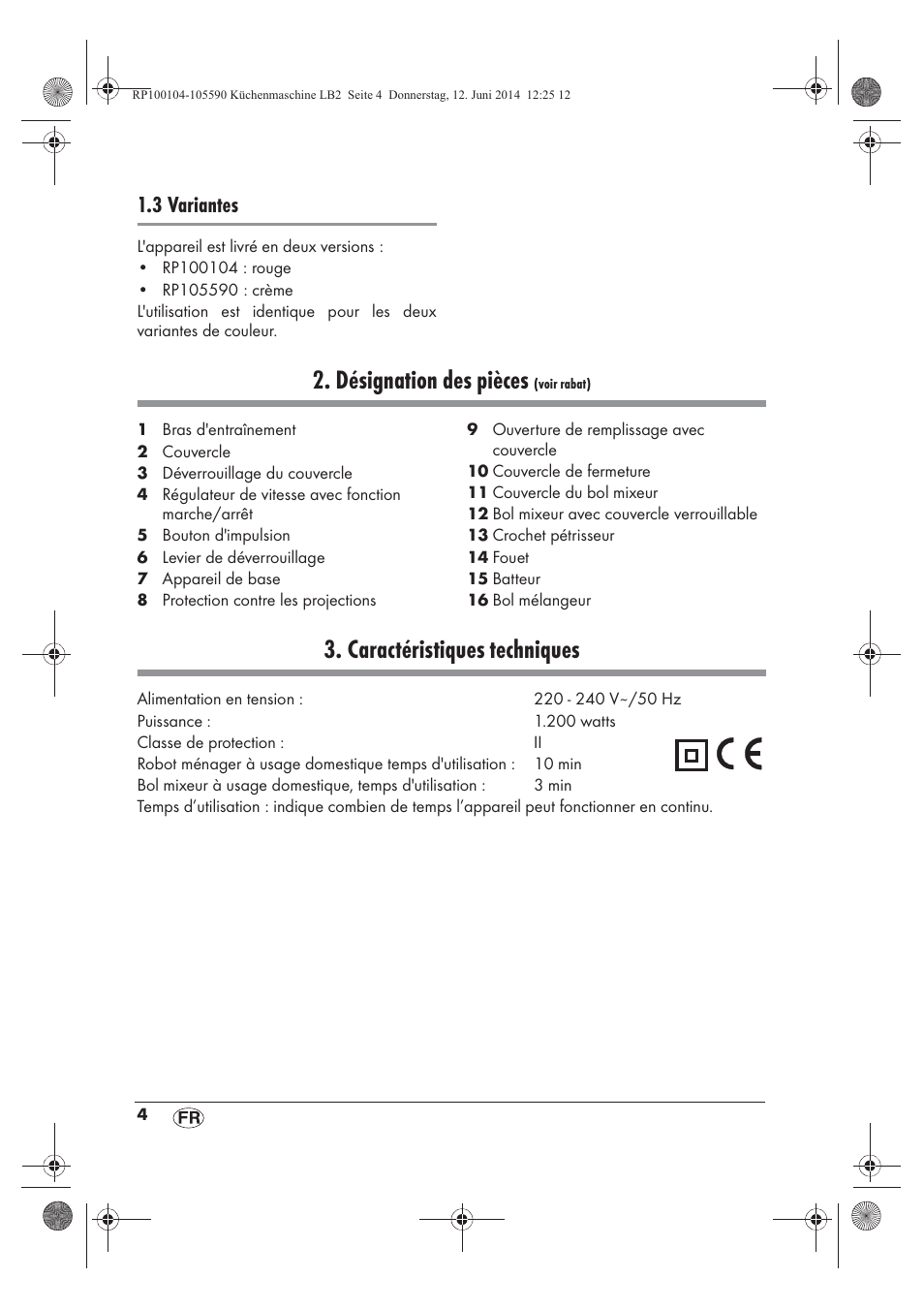 Désignation des pièces, Caractéristiques techniques, 3 variantes | Silvercrest SKMP 1200 A2 User Manual | Page 6 / 74